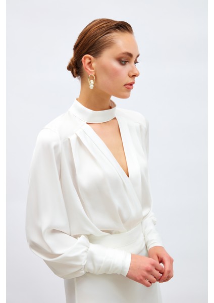Drape Detaylı Bodysuit Bluz - Ekru