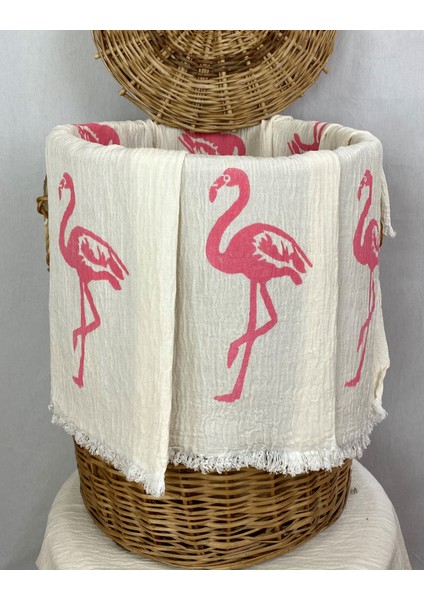 Elde Tahta Baskı Pembe Flamingo Desenli Müslin Peştemal Taş Baskılı Buldan Pamuklu Peştemali