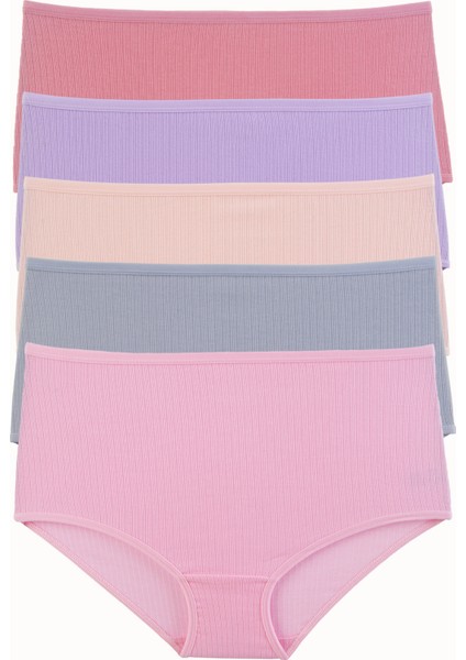 Kadın Külot 5 Li Paket Yüksek Bel Likralı Fitilli Pamuklu Kaşkorse Ribana Lila