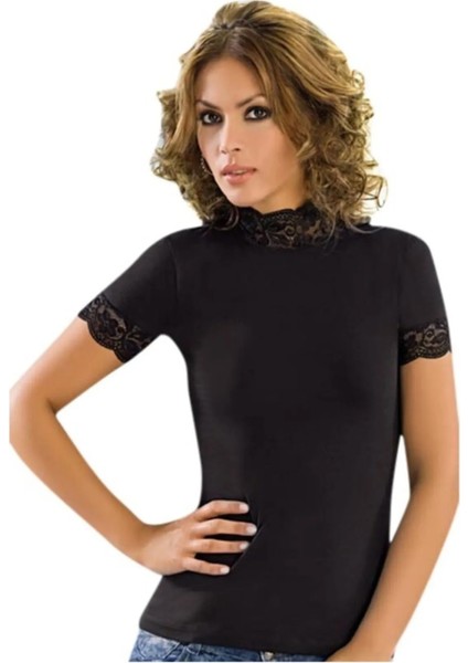 3 Adet, Dantelli Güpürlü Balıkçı Yaka T-Shirt %92 Pamuk %8 Likra Siyah