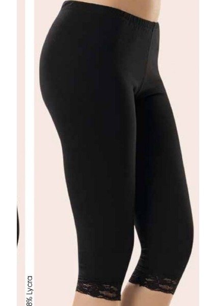 5 Adet, Kadın Ince Dantel Detaylı Kapri Tayt %92 Pamuk, %8 Elastan Siyah