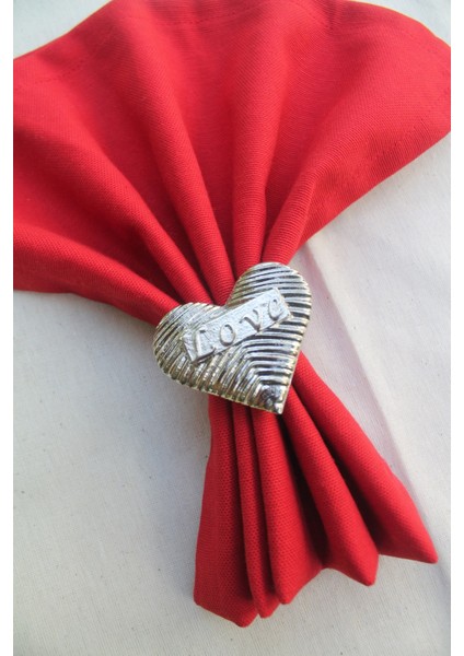 6 Adet Gümüş Love Kalp Metal Peçete Halkası - Napkin Ring