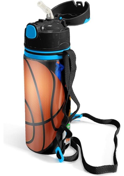 Kids Siyah Basketbol Desenli Pipetli Alüminyum Matara 600 ml 11940