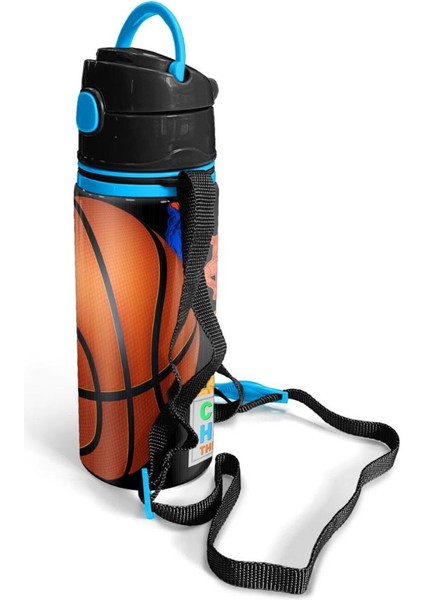 Kids Siyah Basketbol Desenli Pipetli Alüminyum Matara 600 ml 11940