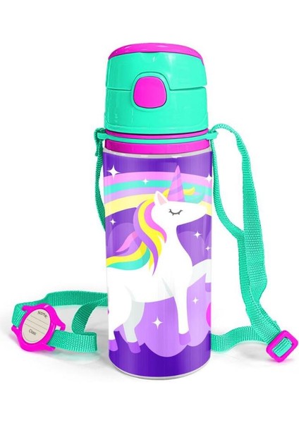 Kids Mor Su Yeşili Unicorn Desenli Pipetli Alüminyum Matara 600 ml 11950