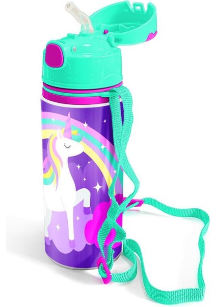 Kids Mor Su Yeşili Unicorn Desenli Pipetli Alüminyum Matara 600 ml 11950