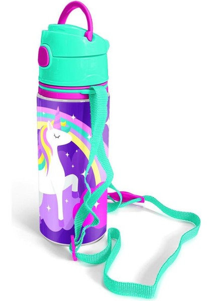 Kids Mor Su Yeşili Unicorn Desenli Pipetli Alüminyum Matara 600 ml 11950