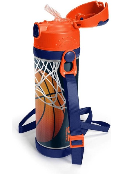 Kids Lacivert Turuncu Basketbol Desenli Pipetli Çelik Termos 500 ml 11927