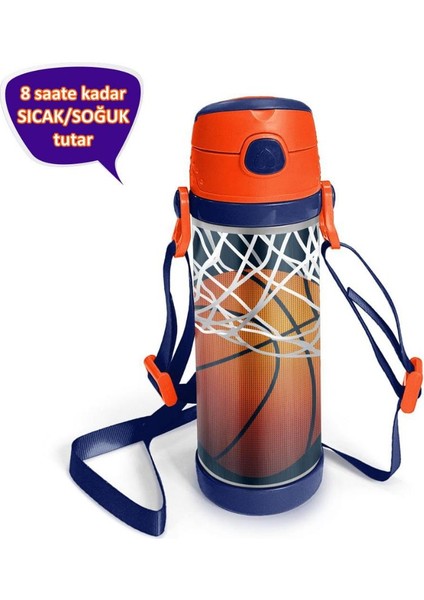 Kids Lacivert Turuncu Basketbol Desenli Pipetli Çelik Termos 500 ml 11927