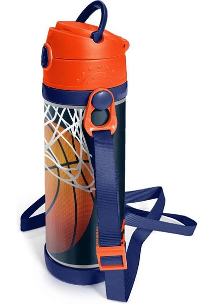 Kids Lacivert Turuncu Basketbol Desenli Pipetli Çelik Termos 500 ml 11927