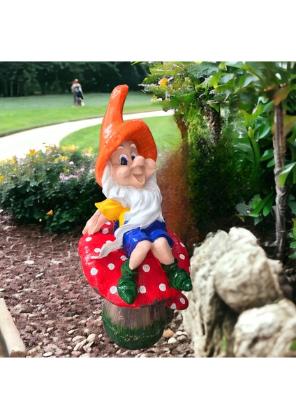 Mantar Üstünde Oturan Cüce Bahçe Balkon Dekor Ürünü