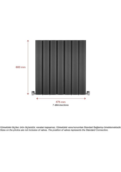 600 x 475 mm Amber Yatay Antrasit Alüminyum Radyatör Standart Bağlantı