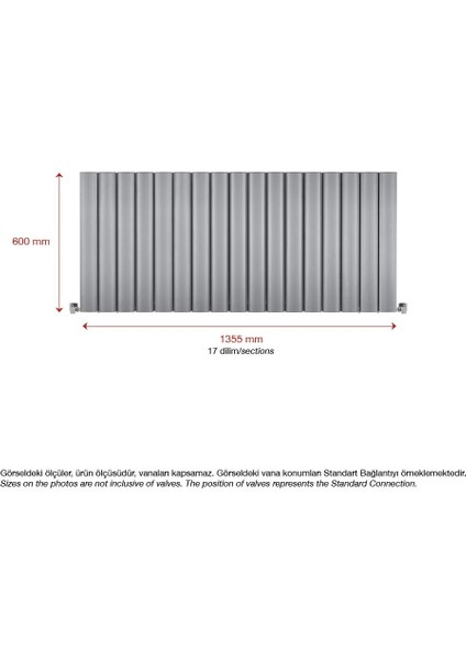 600 x 1355 mm Amber Yatay Gümüş Gri Alüminyum Radyatör Standart Bağlantı