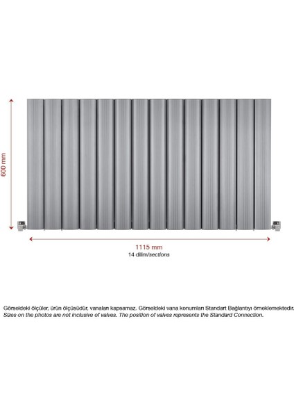 600 x 1115 mm Amber Yatay Gümüş Gri Alüminyum Radyatör Standart Bağlantı