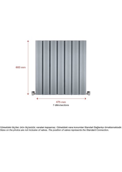 600 x 475 mm Amber Yatay Gümüş Gri Alüminyum Radyatör Standart Bağlantı