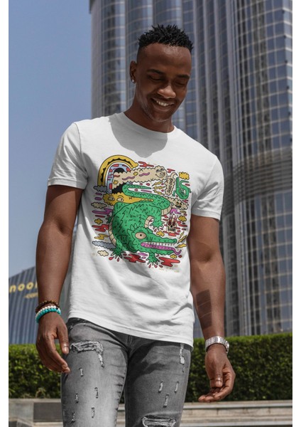 Timsah Baskılı Desenli Pamuk Beyaz Erkek T-Shirt