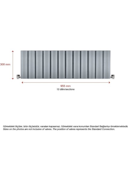 300 x 1195 mm Amber Yatay Gümüş Gri Alüminyum Radyatör Standart Bağlantı