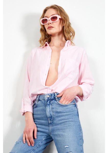 Pembe Cepli Keten Efektli Kadın Gömlek