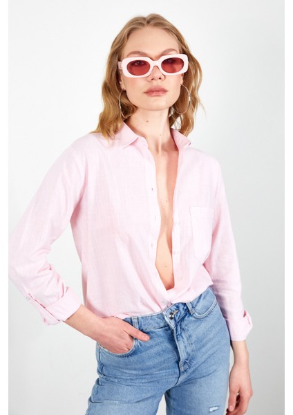Pembe Cepli Keten Efektli Kadın Gömlek fiyatları