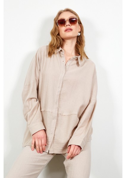 Bej Müslin Parçalı Kadın Gömlek