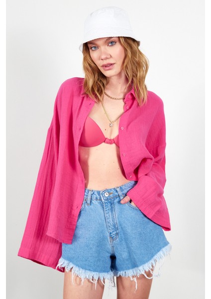 Fuşya Kolları Salaş Kadın Gömlek modelleri