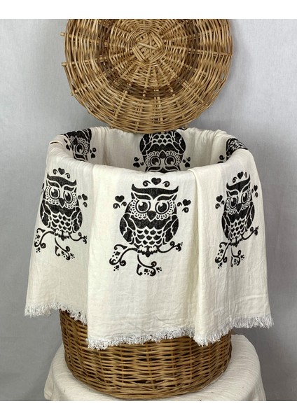 Elde Tahta Baskı Siyah Baykuş Desenli Müslin Peştemal Taş Baskılı Buldan Pamuklu Peştemali