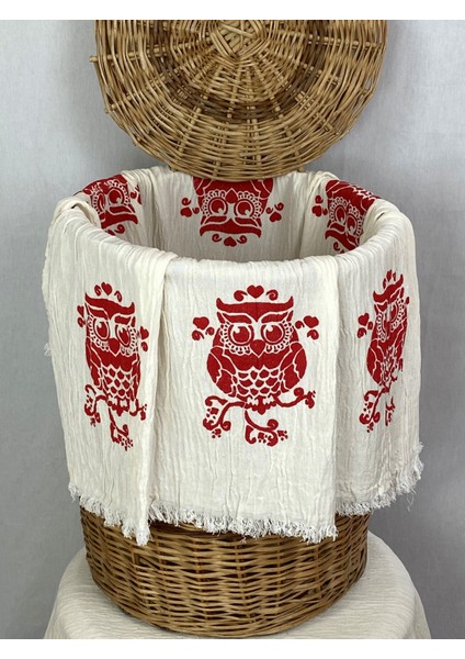 Elde Tahta Baskı Kırmızı Baykuş Desenli Müslin Peştemal Taş Baskılı Buldan Pamuklu Peştemali