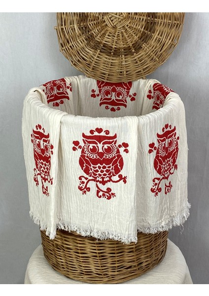 Elde Tahta Baskı Kırmızı Baykuş Desenli Müslin Peştemal Taş Baskılı Buldan Pamuklu Peştemali fiyatları