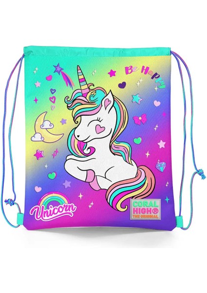Kids Lavanta Su Yeşili Unicorn Desenli Ipli Büzgülü Sırt Çantası 22429