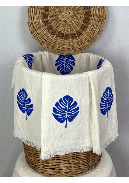 Elde Tahta Baskı Mavi Devetabanı Desenli Müslin Peştemal Taş Baskılı Buldan Pamuklu Peştemali
