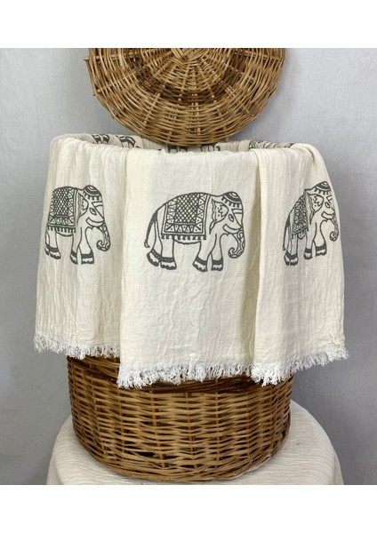 Elde Tahta Baskı Gri Fil Desenli Müslin Peştemal Taş Baskılı Buldan Pamuklu Peştemali fiyatları