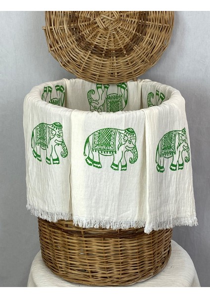 Elde Tahta Baskı Yeşil Fil Desenli Müslin Peştemal Taş Baskılı Buldan Pamuklu Peştemali