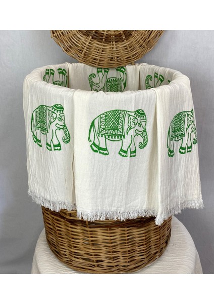 Elde Tahta Baskı Yeşil Fil Desenli Müslin Peştemal Taş Baskılı Buldan Pamuklu Peştemali fiyatları