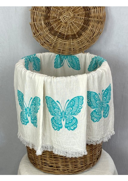 Elde Tahta Baskı Turkuaz Kelebek Desenli Müslin Peştemal Taş Baskılı Buldan Pamuklu Peştemali