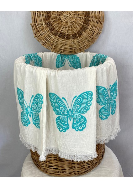 Elde Tahta Baskı Turkuaz Kelebek Desenli Müslin Peştemal Taş Baskılı Buldan Pamuklu Peştemali fiyatları