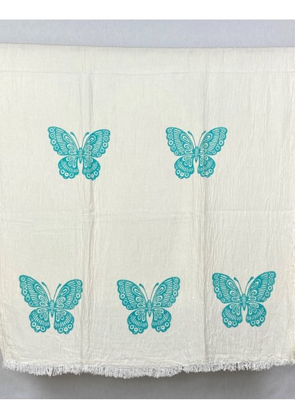 Elde Tahta Baskı Turkuaz Kelebek Desenli Müslin Peştemal Taş Baskılı Buldan Pamuklu Peştemali modelleri