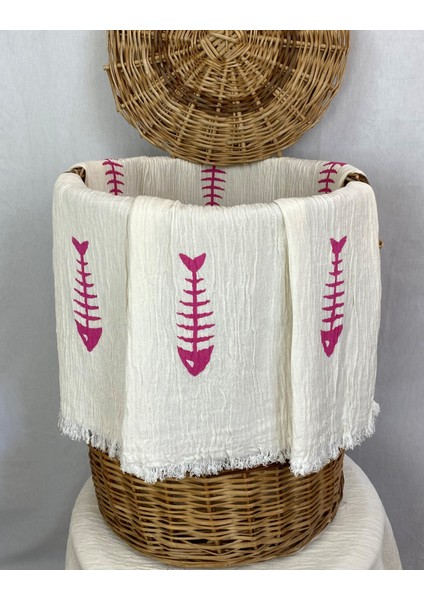 Elde Tahta Baskı Pembe Balık Kılçık Desenli Müslin Peştemal Baskılı Buldan Pamuklu Peştemali