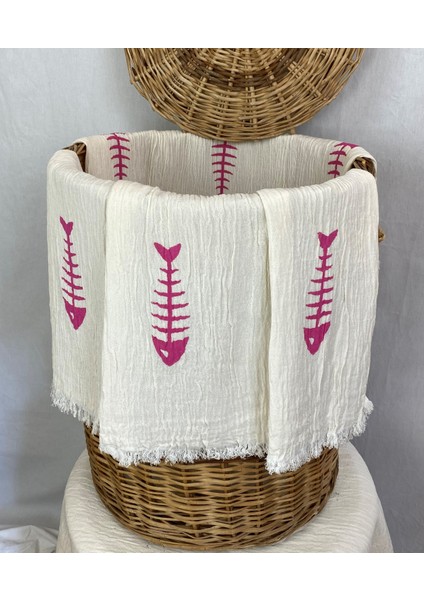 Elde Tahta Baskı Pembe Balık Kılçık Desenli Müslin Peştemal Baskılı Buldan Pamuklu Peştemali fiyatları