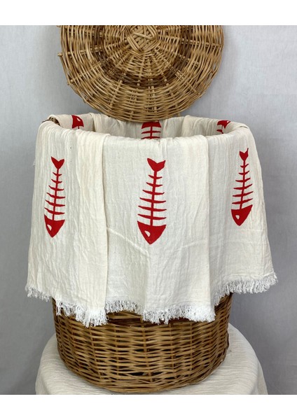 Elde Tahta Baskı Kırmızı Balık Kılçık Müslin Peştemal Taş Baskılı Buldan Pamuklu Peştemali