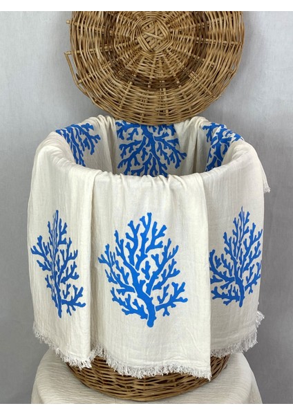 Elde Tahta Baskı Mavi Mercan Desenli Müslin Peştemal Taş Baskılı Buldan Pamuklu Peştemali