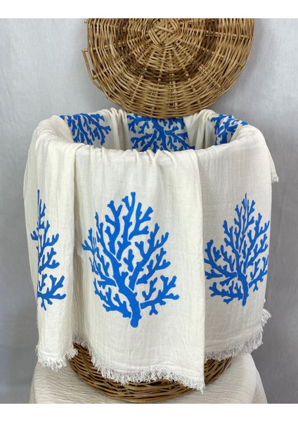 Elde Tahta Baskı Mavi Mercan Desenli Müslin Peştemal Taş Baskılı Buldan Pamuklu Peştemali fiyatları