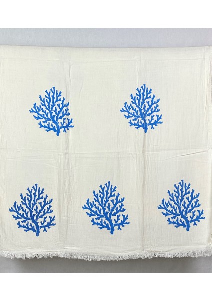 Elde Tahta Baskı Mavi Mercan Desenli Müslin Peştemal Taş Baskılı Buldan Pamuklu Peştemali modelleri