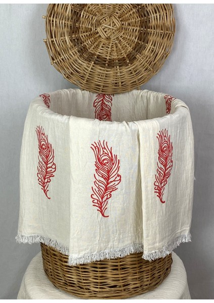 Elde Tahta Baskı Kırmızı Tüy Desenli Müslin Peştemal Taş Baskılı Buldan Pamuklu Peştemali