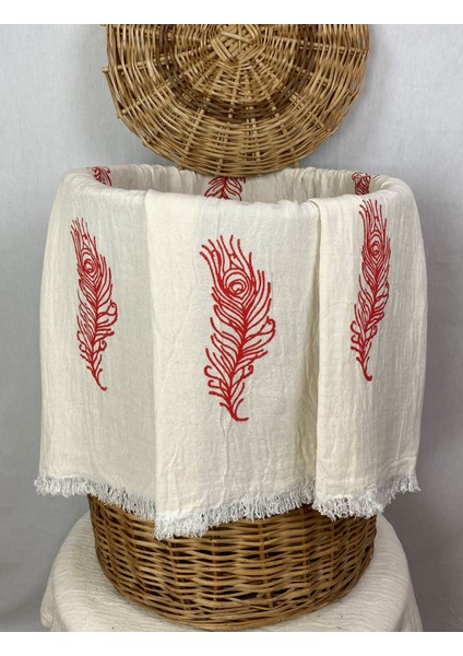 Elde Tahta Baskı Kırmızı Tüy Desenli Müslin Peştemal Taş Baskılı Buldan Pamuklu Peştemali fiyatları