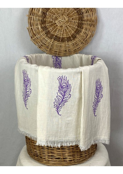 Elde Tahta Baskı Mor Tüy Desenli Müslin Peştemal Taş Baskılı Buldan Pamuklu Peştemali