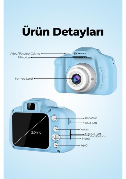 Çocuk Mini Dijital Fotoğraf Makinesi 1080P Hd Mavi