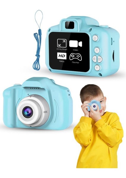 Çocuk Mini Dijital Fotoğraf Makinesi 1080P Hd Açık Mavi