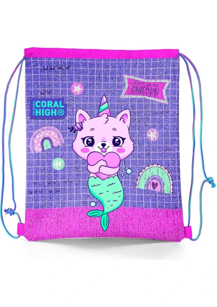 Coral High Kids Su Yeşili Lavanta Unicorn Kedi Desenli Ipli Büzgülü Sırt Çantası 22683