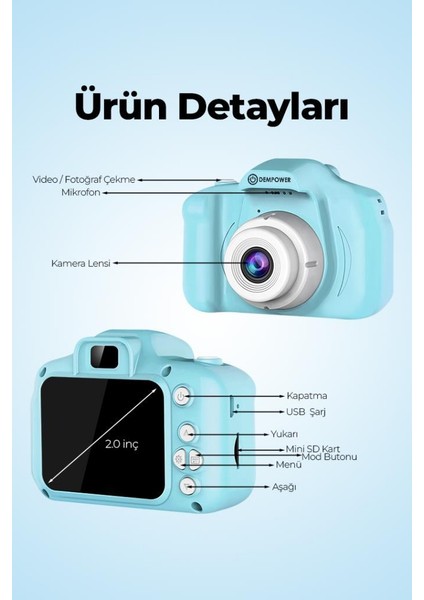 Çocuk Mini Dijital Fotoğraf Makinesi 1080P Hd Açık Mavi