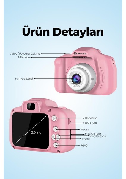 Çocuk Mini Dijital Fotoğraf Makinesi 1080P Hd Pembe